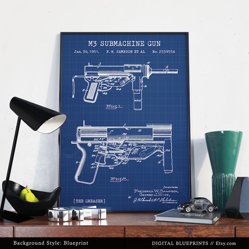 M3 Grease Gun Patent Print Digital Download M3A1 Blueprint Etsy