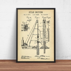 Pile Driver Patent Print, Construction Machine Blueprint, Builder, Architect, Civil Engineer Gifts, Office Wall Art Decor, Pile Driving
