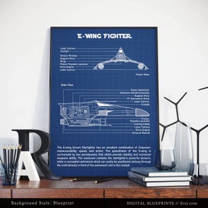 E-Wing Fighter Blueprint Art, Star Wars Poster Print,  Si-Fi Wall Art, Star Wars Gift, War Ship Schematics, Movie Decor