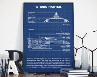 E-Wing Fighter Blueprint Art, Star Wars Poster Print,  Si-Fi Wall Art, Star Wars Gift, War Ship Schematics, Movie Decor