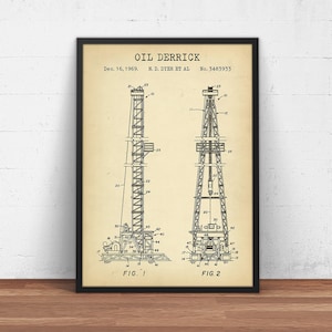 Può includere: Un disegno di brevetto vintage per un derrick petrolifero, datato 16 dicembre 1969, con il titolo "Oil Derrick" e i nomi degli inventori "N. D. Dyer et al." Il numero di brevetto è 3.483.933. Il disegno mostra due viste diverse del derrick, etichettate come "Fig. 1" e "Fig. 2".