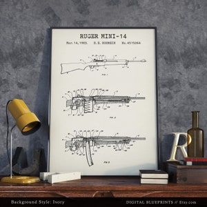 Ruger Mini-14 Patent Print, Ruger AC556 Blauwdruk Kunst, Ranch Rifle, Fire Arm Poster, Militaire Wapen Kunst aan de muur, Man Cave Decor, Leger Geschenken afbeelding 2