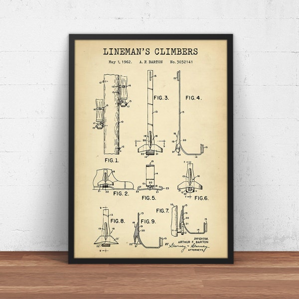 Lineman's Climbers Patent Print, Lineman Poster Print, Electrical Lineworker Gifts, Power Line Technician, Vintage Tools, Teleworker