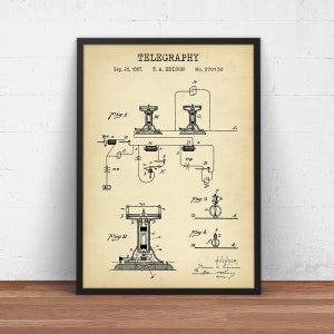Op de afbeelding: Een vintage patenttekening voor een telegrafie-systeem, gedateerd 20 september 1887, en toegeschreven aan T.A. Edison. De tekening toont een gedetailleerd diagram van de systeemcomponenten, inclusief een circuit met verschillende elektrische elementen en een gelabeld diagram van een apparaat.
