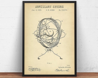 Lámina de patente de esfera armilar, astrolabio esférico, decoración armilar, arte mural armilar, astronomía celeste, póster científico