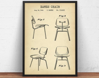 Eames Chair Patent Poster, Modern Art, Eames Chair Design Blueprint, Living Room Wall Art, Vintage Chair, Office Decor, Retro Furniture
