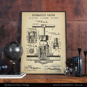 May include: A vintage black and white blueprint style illustration of a hydraulic valve patent. The patent is titled "Hydraulic Valve" and includes the date December 23, 1902, and patent number 716626. The patent drawing shows a detailed diagram of the valve with various parts labeled.