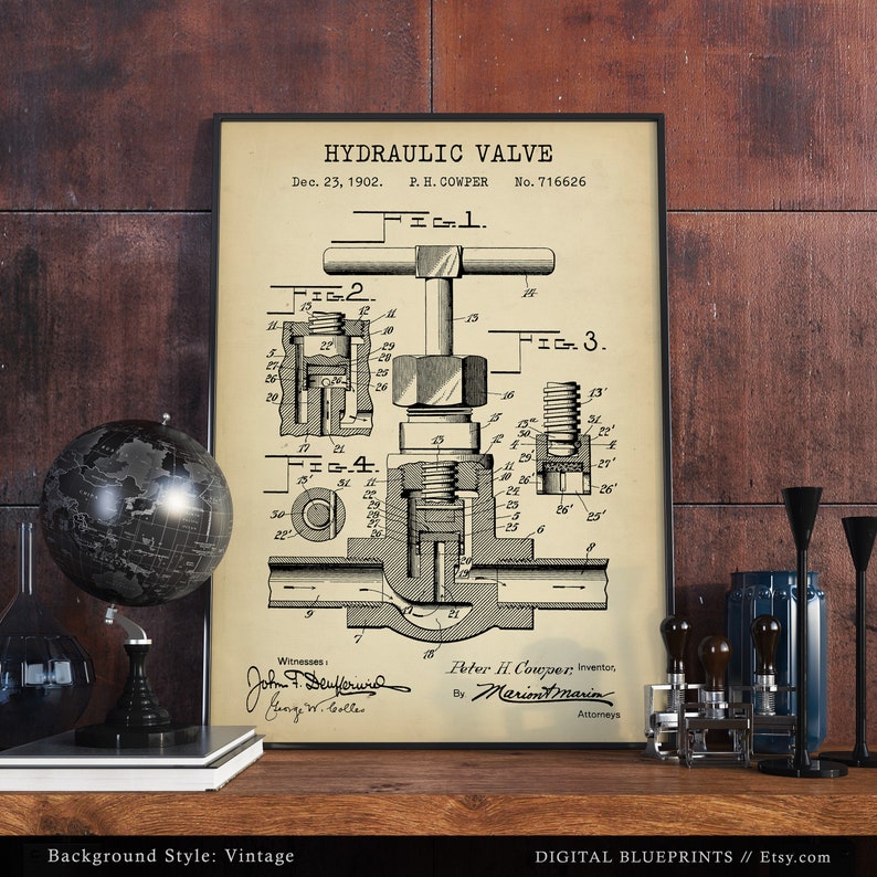 May include: A vintage black and white blueprint style illustration of a hydraulic valve patent. The patent is titled "Hydraulic Valve" and includes the date December 23, 1902, and patent number 716626. The patent drawing shows a detailed diagram of the valve with various parts labeled.