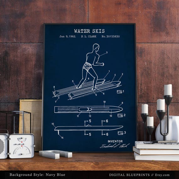 Wasser Ski Plan Patent Drucke Ski Board Design Digital Download Skifahrer Geschenke Skifahren Poster Wasser Sport Dekor Strand Haus Wandkunst