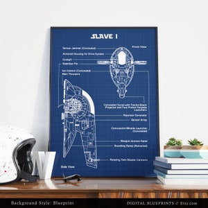May include: A blueprint style illustration of the Slave I starship from Star Wars. The image shows a front and side view of the ship with labels for various features, including the cockpit, ion cannon, and repulsor generator.