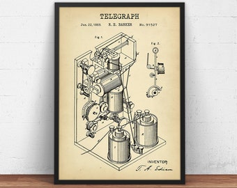 May include: A black and white vintage patent drawing of a telegraph machine. The drawing is titled "Telegraph" and includes the inventor's name, "J. A. Edison", and the patent number, "No. 91527".