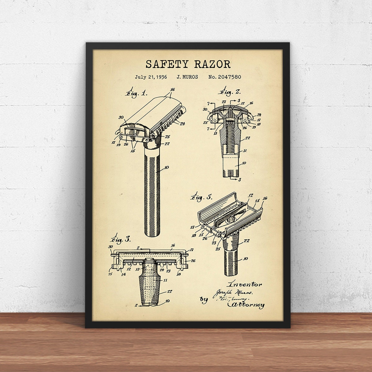 Safety Razor Patent Print, Gillette Adjustable Razor Blueprint