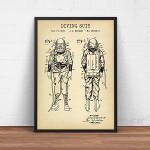 Taucheranzug Patent Druck, Steampunk, Vintage Nautik, Sporttauchen, Unterwasser, Mannhöhle Wanddekor, Taucher Geschenke, Blueprint Art, Tiefsee