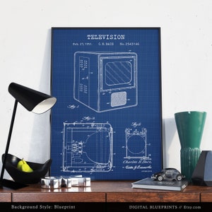 May include: A blueprint style illustration of a vintage television patent. The patent is titled "TELEVISION" and is dated February 27, 1951. The patent number is 2,543,146. The patent is for a television set with a rectangular screen and a control panel on the front.