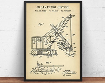 Shovel Patent Print,  Vintage Excavating Shovel, Construction Decor, Heavy Equipment Wall Art, Civil Engineer Gifts Poster