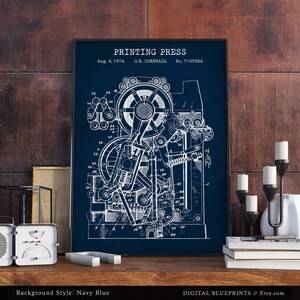 Printing Press 1914 Patent Print, Office Wall Art, Steampunk Art, Printing House Decor, Writers Journalist Gifts, Printer image 6
