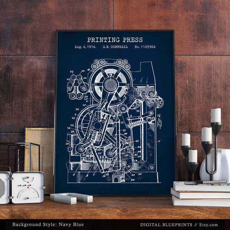 Printing Press 1914 Patent Print, Office Wall Art, Steampunk Art, Printing House Decor, Writers Journalist Gifts, Printer image 6