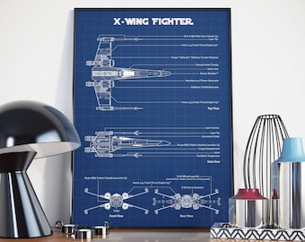 Diagrama esquemático del X-Wing Fighter, Arte de planos, Impresión de carteles de Star Wars, El despertar de la fuerza, Impresión de arte de pared, Decoración de películas