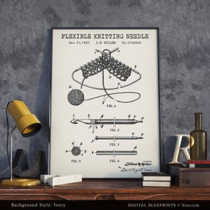 Peut inclure: Un dessin de brevet vintage en noir et blanc pour une aiguille &agrave; tricoter flexible. Le dessin montre l'aiguille dans diff&eacute;rentes positions et comprend le texte "FLEXIBLE KNITTING NEEDLE", "Dec. 21, 1937", "L.M. MILLER", "No. 2102600", "FIG. 1", "FIG. 2", "FIG. 3", "FIG. 4", "FIG. 5", "INVENTOR", "Lillian M. Miller", "By: Lester L. Changet, ATTORNEY".