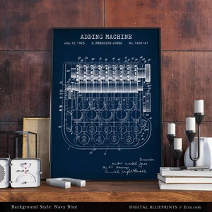 May include: A vintage blueprint of an adding machine patent, dated June 12, 1923, with the title "Adding Machine" and the inventor's name "H. Meredith-Jones". The blueprint is printed on a dark blue background.