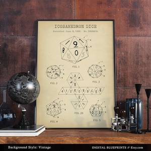 20 Sided Dice Patent Print, D20 Icosahedron Die, DnD Dice, Dungeons And Dragons Poster Print, D&D Wall Art, Game Room Decor, Gifts