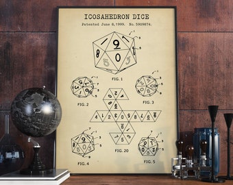 20 Sided Dice Patent Print, D20 Icosahedron Die, DnD Dice, Dungeons And Dragons Poster Print, D&D Wall Art, Game Room Decor, Gifts