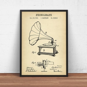 Phonograph Patent Print,  Record Player Blueprint, Poster Print, Music Room Wall Art, Musician Gifts, Vintage Decor