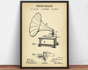 Phonograph Patent Print,  Record Player Blueprint, Poster Print, Music Room Wall Art, Musician Gifts, Vintage Decor