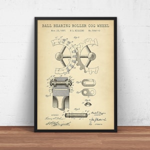 Ball Bearing Cog Wheel Patent Print,  Mechanics, Ball Roller Bearings, Steampunk, Industrial Art, Horology Gifts, Gears Art