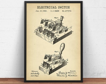 Stampa di brevetti per interruttori elettrici, Brevetti elettrici, Regali per elettricisti, Tecnologia elettrica, Arredamento per ingegneri, Arte della parete fisica, Stampe di poster vintage
