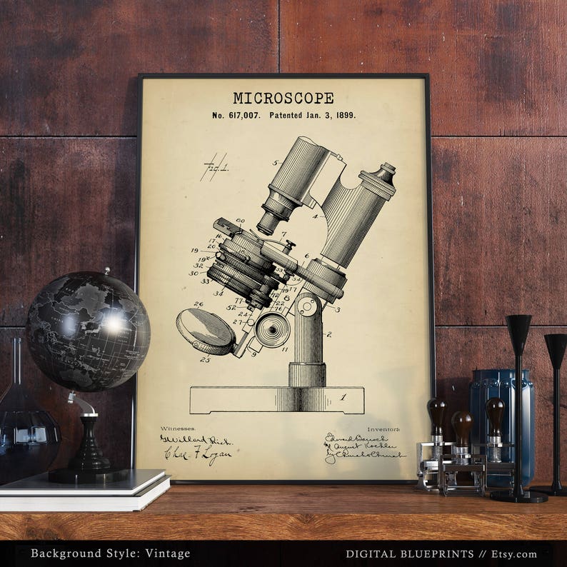Lámina de patente de microscopio, regalos para estudiantes de ciencias, arte para paredes de hospitales, decoración para consultorios médicos, investigación médica, arte steampunk. imagen 4