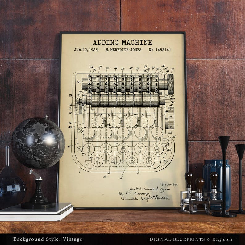 May include: A vintage patent drawing for an adding machine, dated June 12, 1923, with the title "Adding Machine" and inventor's name "H. Meredith-Jones". The drawing shows a detailed illustration of the machine's internal workings, including gears, levers, and a keyboard.