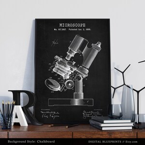 Lámina de patente de microscopio, regalos para estudiantes de ciencias, arte para paredes de hospitales, decoración para consultorios médicos, investigación médica, arte steampunk. imagen 5