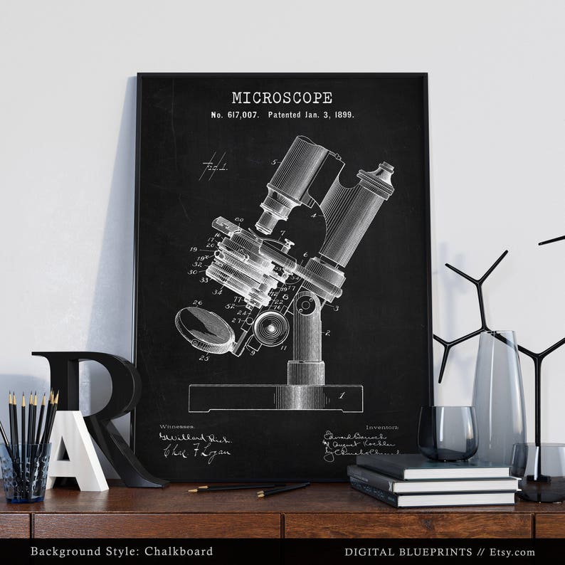 Lámina de patente de microscopio, regalos para estudiantes de ciencias, arte para paredes de hospitales, decoración para consultorios médicos, investigación médica, arte steampunk. imagen 5