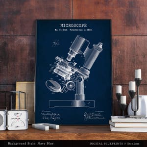 Lámina de patente de microscopio, regalos para estudiantes de ciencias, arte para paredes de hospitales, decoración para consultorios médicos, investigación médica, arte steampunk. imagen 6