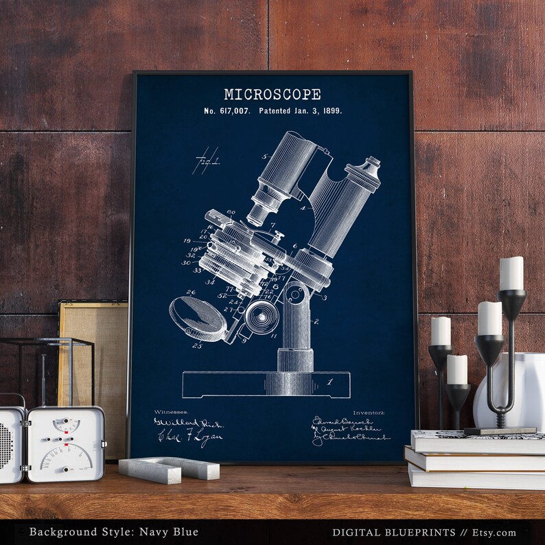 Lámina de patente de microscopio, regalos para estudiantes de ciencias, arte para paredes de hospitales, decoración para consultorios médicos, investigación médica, arte steampunk. imagen 6
