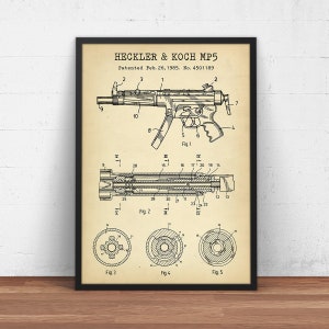 May include: A black and white line drawing of a patent for the Heckler & Koch MP5 submachine gun. The patent was filed on 26 February 1985, and the patent number is 4,501,189. The drawing shows the gun from different angles, including a side view, a top view, and a cross-section.