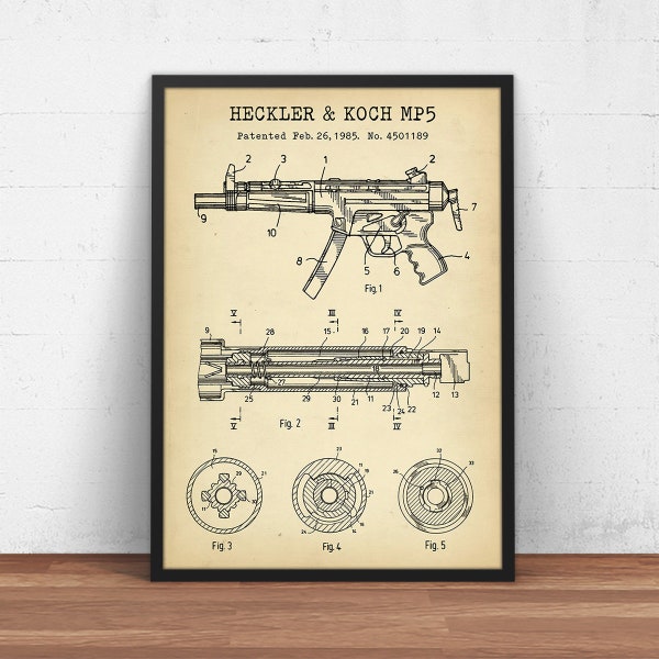 Heckler And Koch MP5 Submachine Gun, H&K MP5 Patent Print, SWAT Team, Soldier Gifts, Man Cave Decor, Military Wall Art, Veteran, Gun Poster