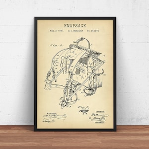 Knapsack Patent Print,  Camping Wall Art, Tent Illustration, Hiking Gift Idea, Backpacking, Mountaineering, Traveler Gifts