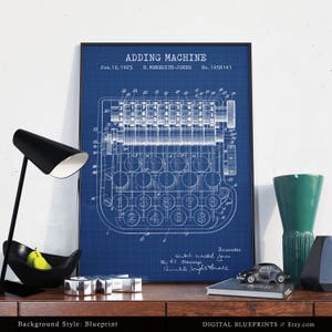 May include: A blueprint style illustration of an adding machine patent. The patent is titled "Adding Machine" and was filed on June 12, 1923, by H. Meredith-Jones. The patent number is 1,458,141.