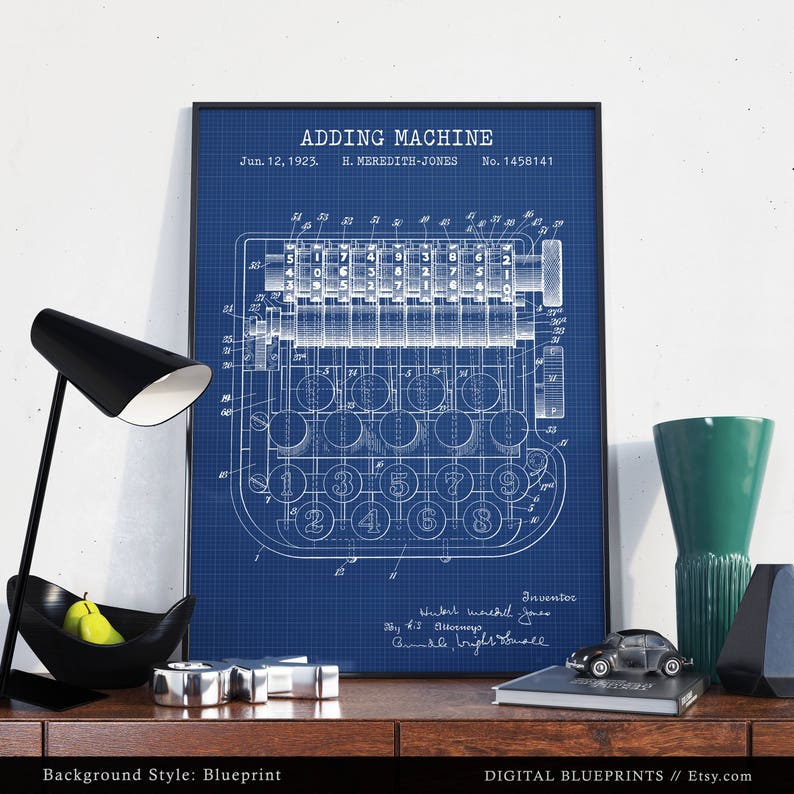 May include: A blueprint style illustration of an adding machine patent. The patent is titled "Adding Machine" and was filed on June 12, 1923, by H. Meredith-Jones. The patent number is 1,458,141.