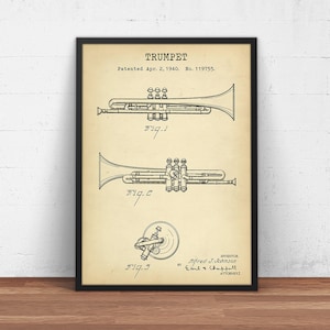 Trumpet Patent Print,  Instrument Prints, Big Band Wall Art, Band Director Gift, Gifts for Musicians, Music Room Decor