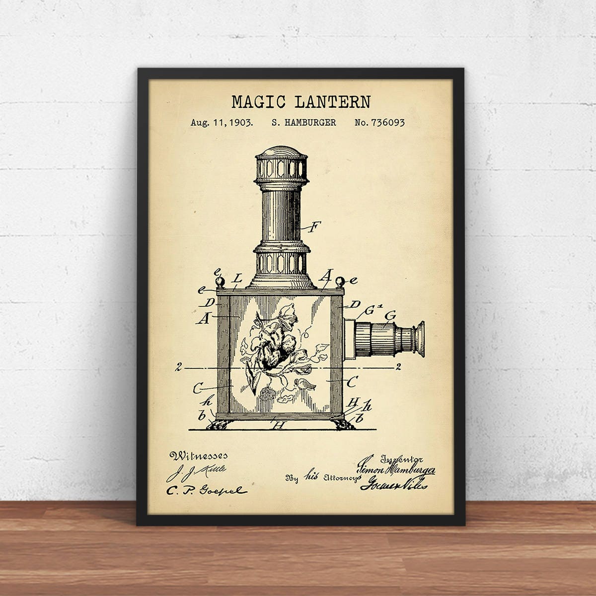 Magic Lantern Patent Artwork, Blueprint Art Vintage Optical