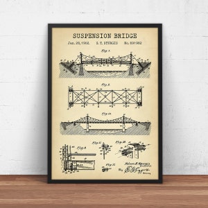 Impressão de patente de ponte suspensa - Presentes para engenheiros civis - Construção pesada - Presente para arquiteto - Engenharia estrutural - Decoração de arte de parede