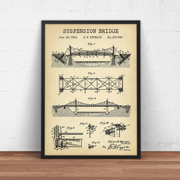 Suspension Bridge Patent Print - Civil Engineer Gifts - Heavy Construction - Gift For Architect - Structural Engineering - Wall Art Decor