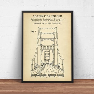 Puede incluir: Un dibujo en blanco y negro de un puente colgante patentado. La patente se titula "Suspension Bridge" e incluye el texto "Retractable Delineator System for Suspension Span & Truss Bridges" y "Patented Mar 12, 1996. No. 5498100".