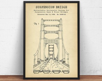 Lámina con patente de puente colgante - Construcción de puentes de celosía - Regalo para ingenieros civiles - Ingeniería estructural - Decoración de pared con motivos arquitectónicos