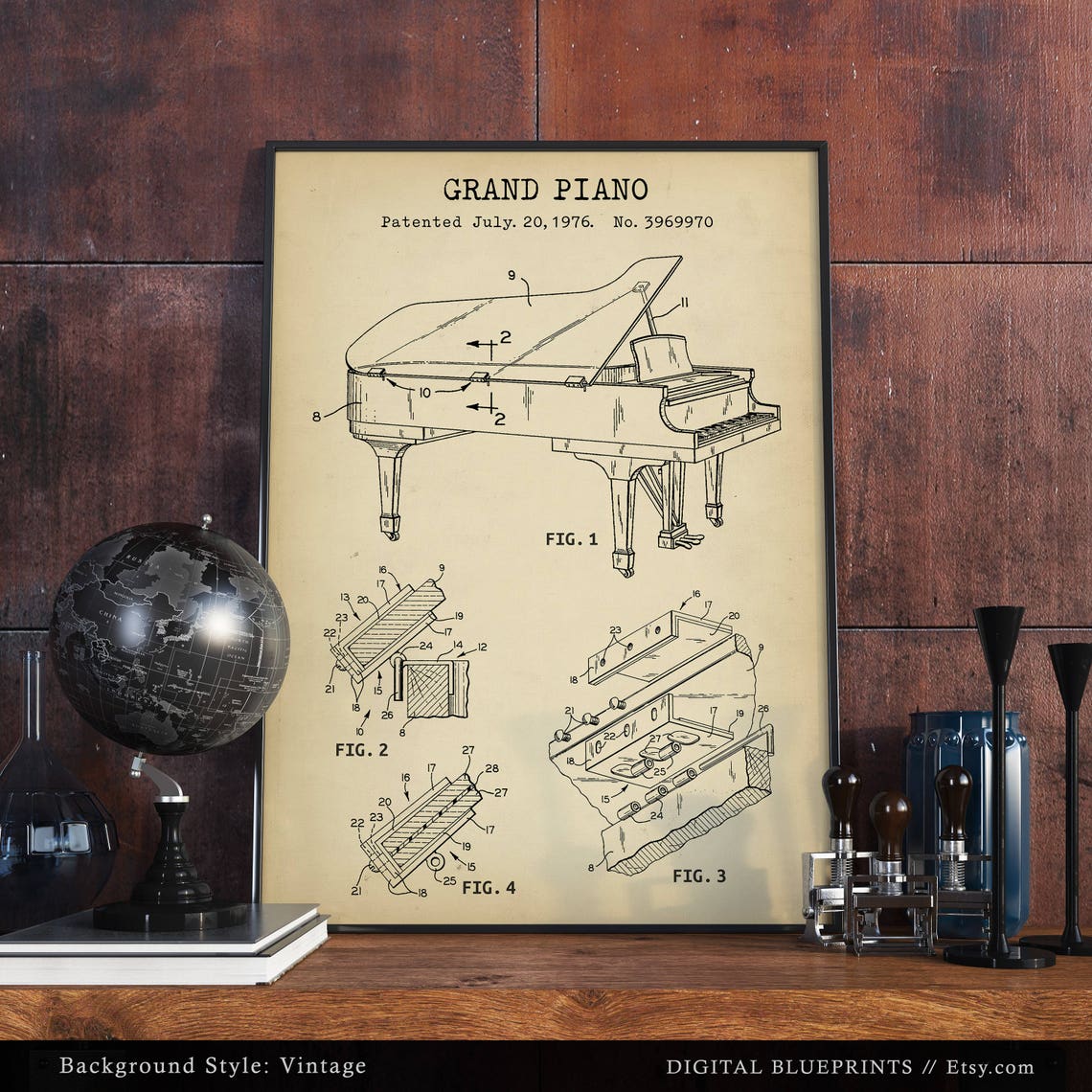 Grand Piano Patent Print Digital File Download Music