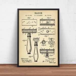 Razor Patent Print, Barber Shop Decor, Vintage Safety Razor Blueprint Art, Barber Gifts, Bathroom Wall Art, Gillette Razor Poster Print