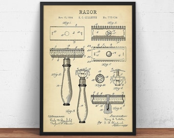 Razor Patent Print, Barber Shop Decor, Vintage Safety Razor Blueprint Art, Barber Gifts, Bathroom Wall Art, Gillette Razor Poster Print